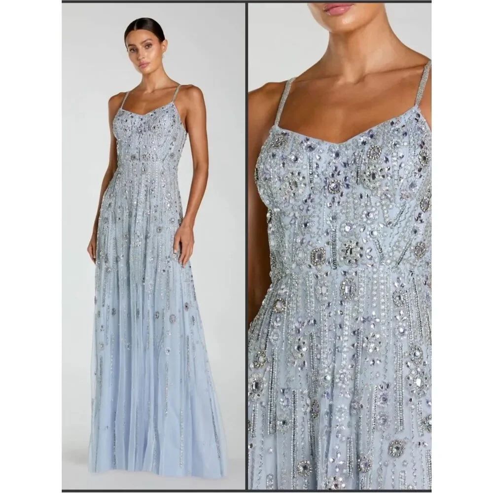 NWT Mac Duggal 10157 Blue Rhinestone Embellished Sweetheart Neck A-Line Gown